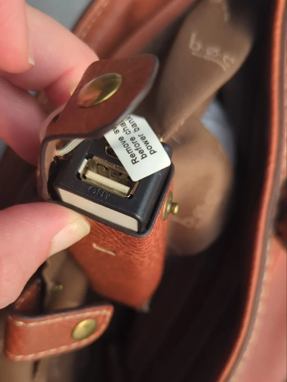 Leather Charging Handbag - Brown